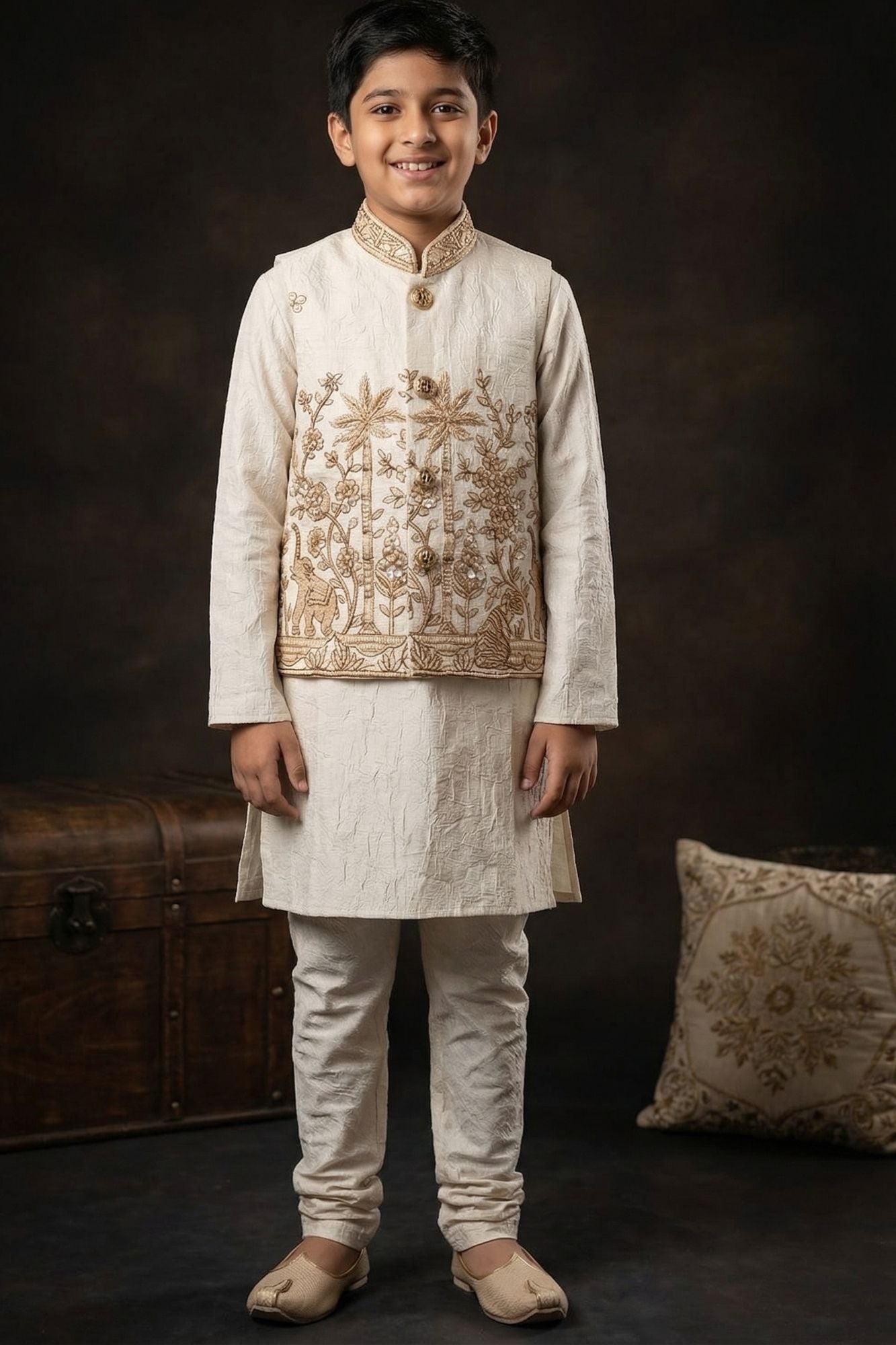 Ivory Gold Embroidered Jacket Kurta Set With Jacket For Boys