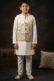 Ivory Gold Embroidered Jacket Kurta Set With Jacket For Boys