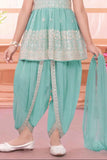 Sea Green Sequins Embroidered Dhoti Set With Peplum Kurti And Dupatta For Girls