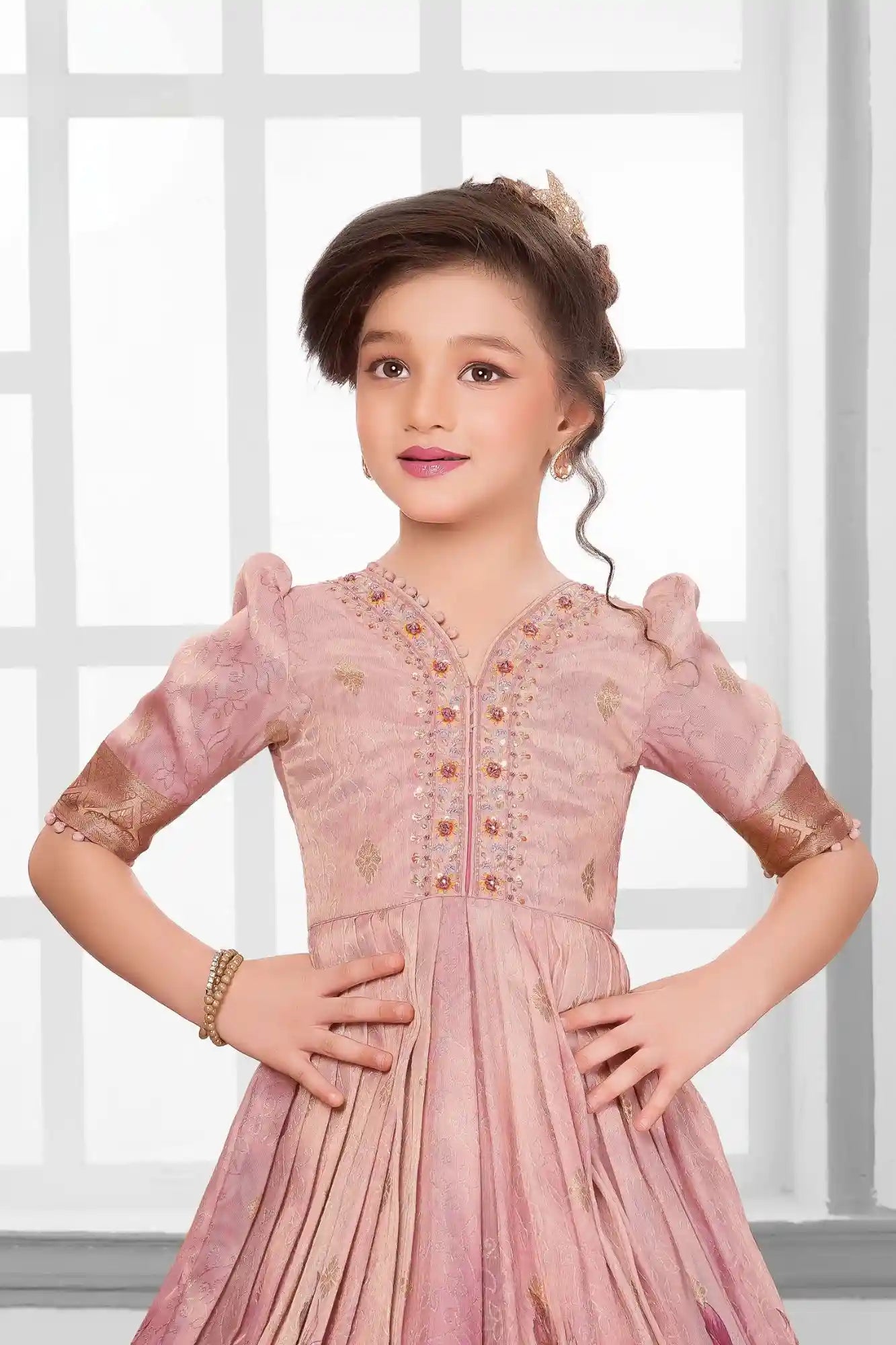 Onion Pink Floral Banarasi Gown For Girls