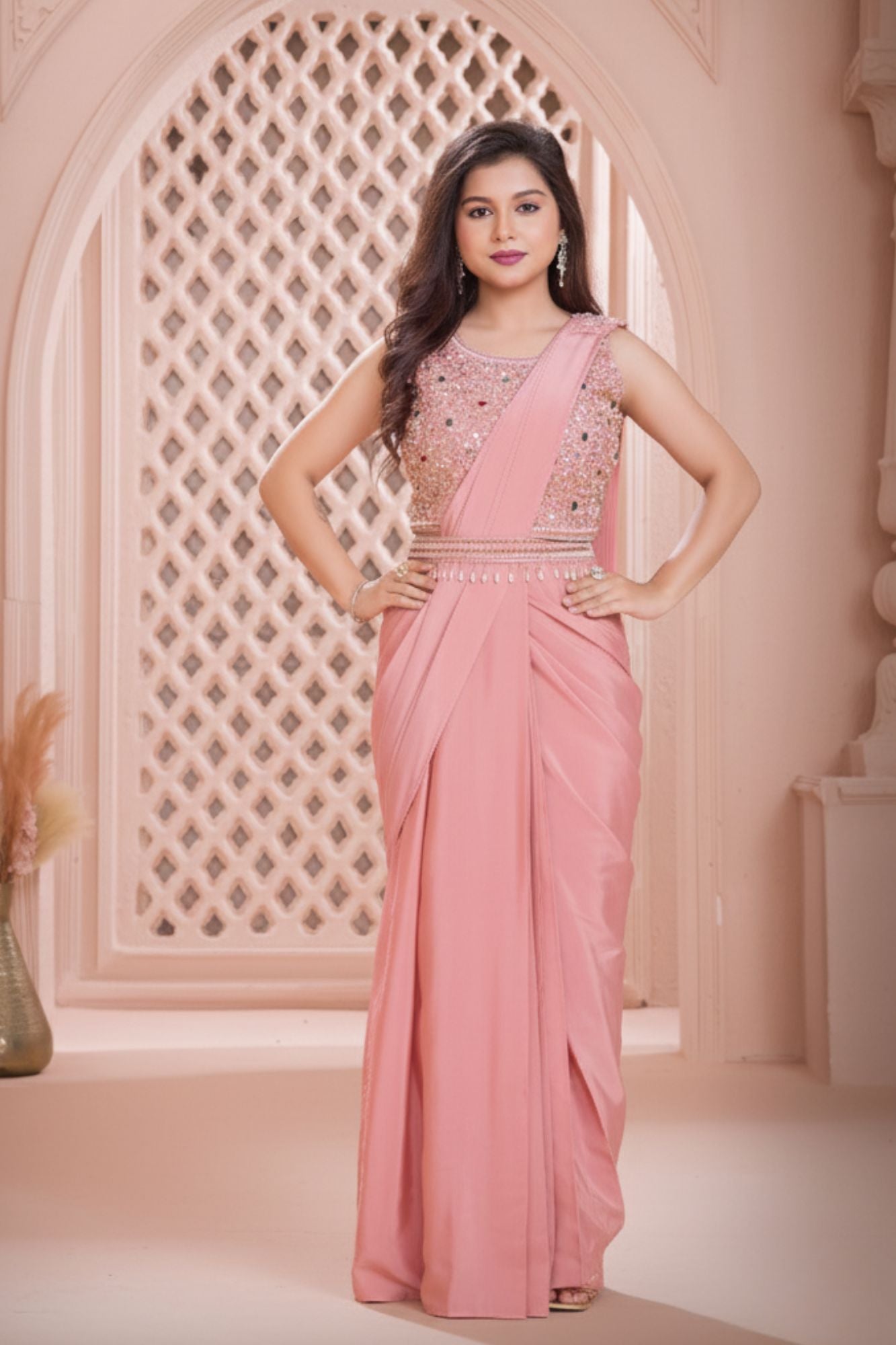 Designer Peach Pre Draped Saree with Embellished Blouse For Girls