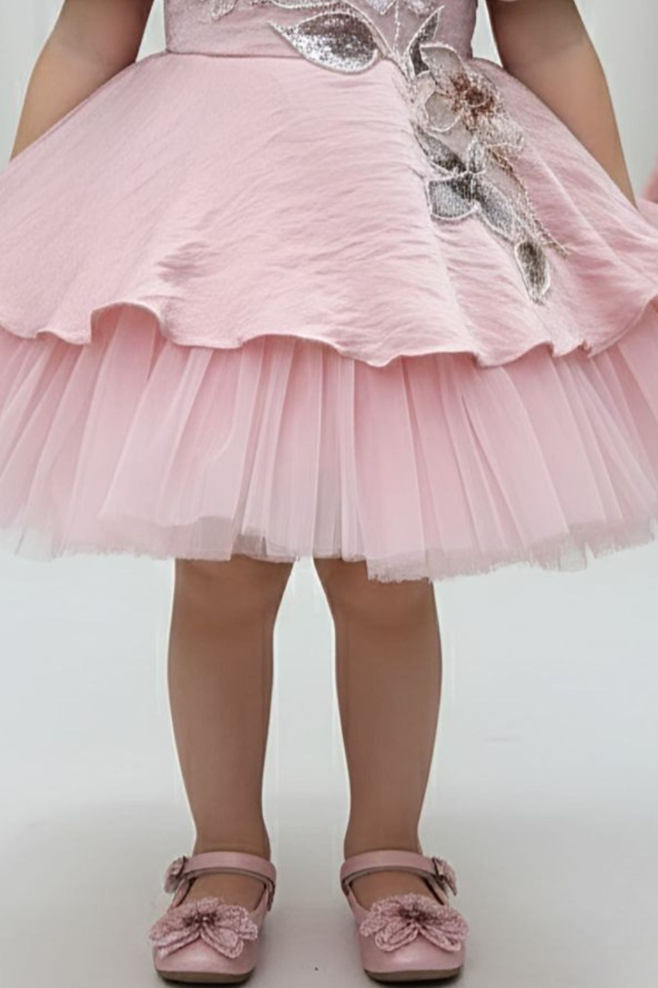 Dusty Pink Floral Embroidered Puff Sleeve Party Frock For Girls