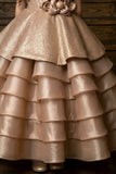 Girls Champagne Gold Party Wear Gown With Layered Ruffles