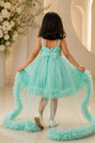 Green High-Low Party Wear Tulle Frock with Bow Detail For Girls
