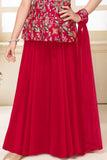 Red Printed And Sequin Top With Palazzo Set For Girls