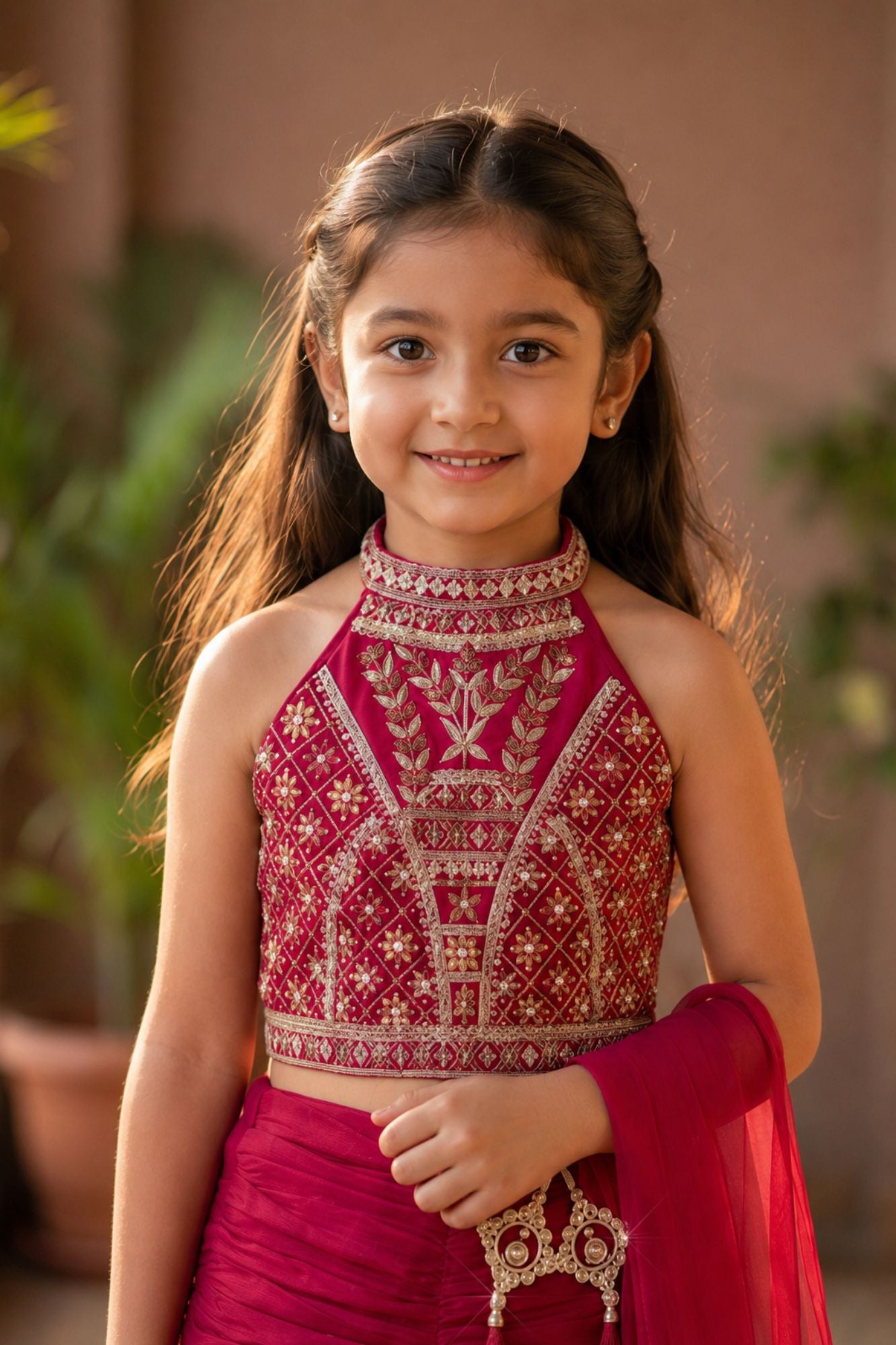 Girls Rani Pink  Embroidered Halter Neck Choli Set with Dupatta