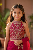 Girls Rani Pink  Embroidered Halter Neck Choli Set with Dupatta