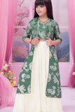 Bottle Green Embroidered Palazzo Set With Floral Jacket For Girls