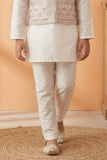 Cream With Pink Embroidered Kurta Set with Nehru Jacket For Boys