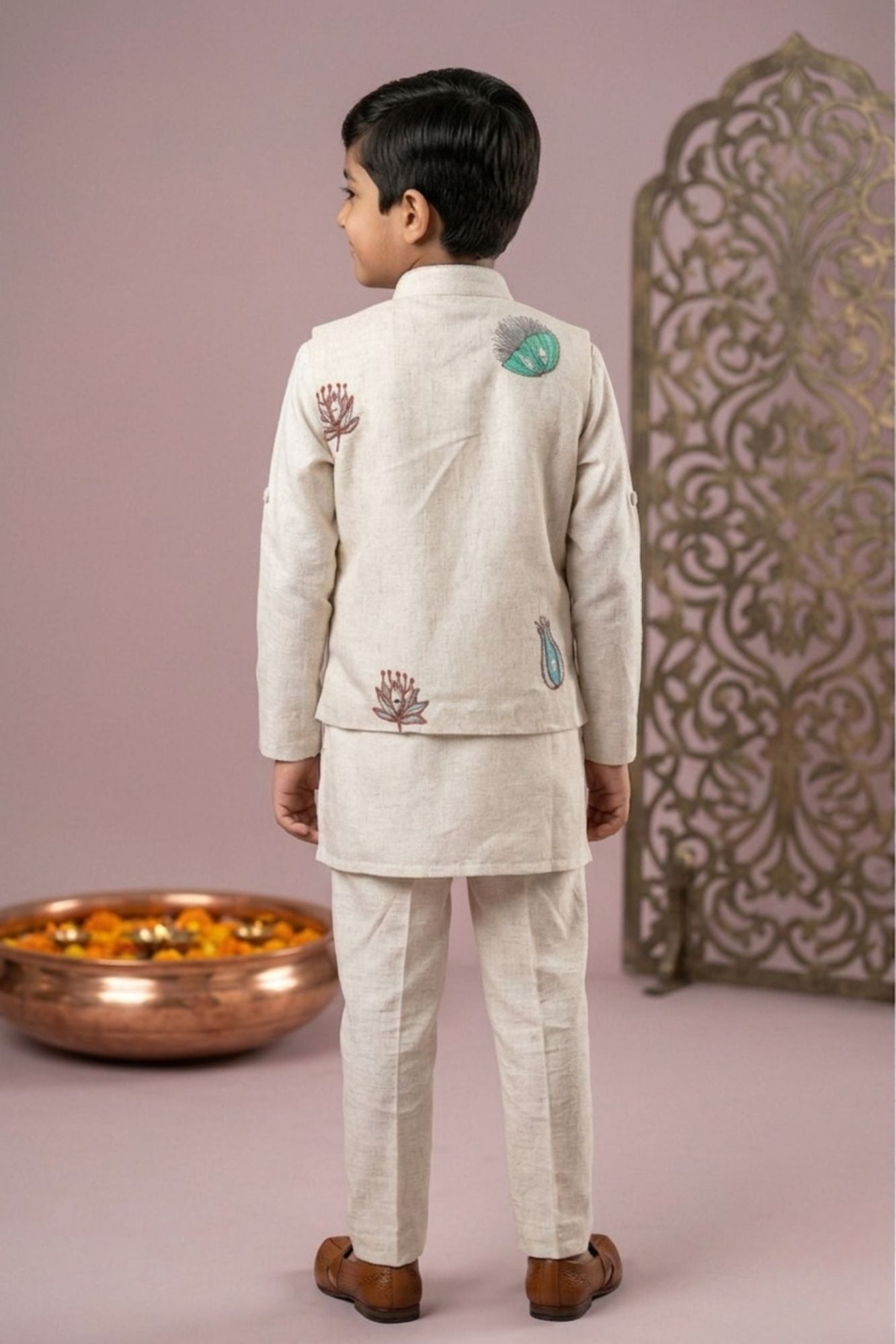 Boys Beige Kurta Pajama Set with Green Floral Printed Nehru Jacket