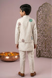 Boys Beige Kurta Pajama Set with Green Floral Printed Nehru Jacket
