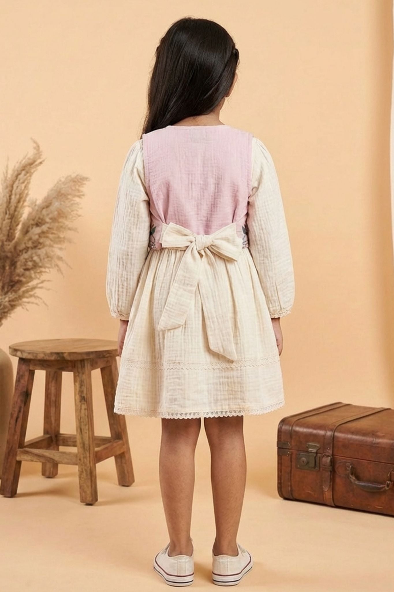Casual White Cotton Dress with Embroidered Jacket for Girls – Lagorii Kids
