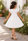 Girls White Bird Motif Embroidered Ruffle Sleeve Flared Dress
