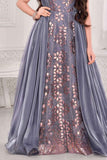 Designer Grey Festive Gown with Layered Cape Look For Girls