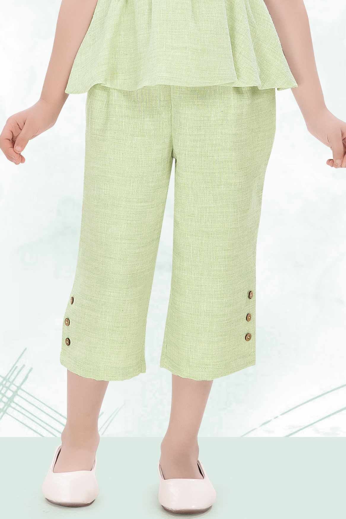 Pistachio Green Floral Appliqué And Palazzo Set For Girls