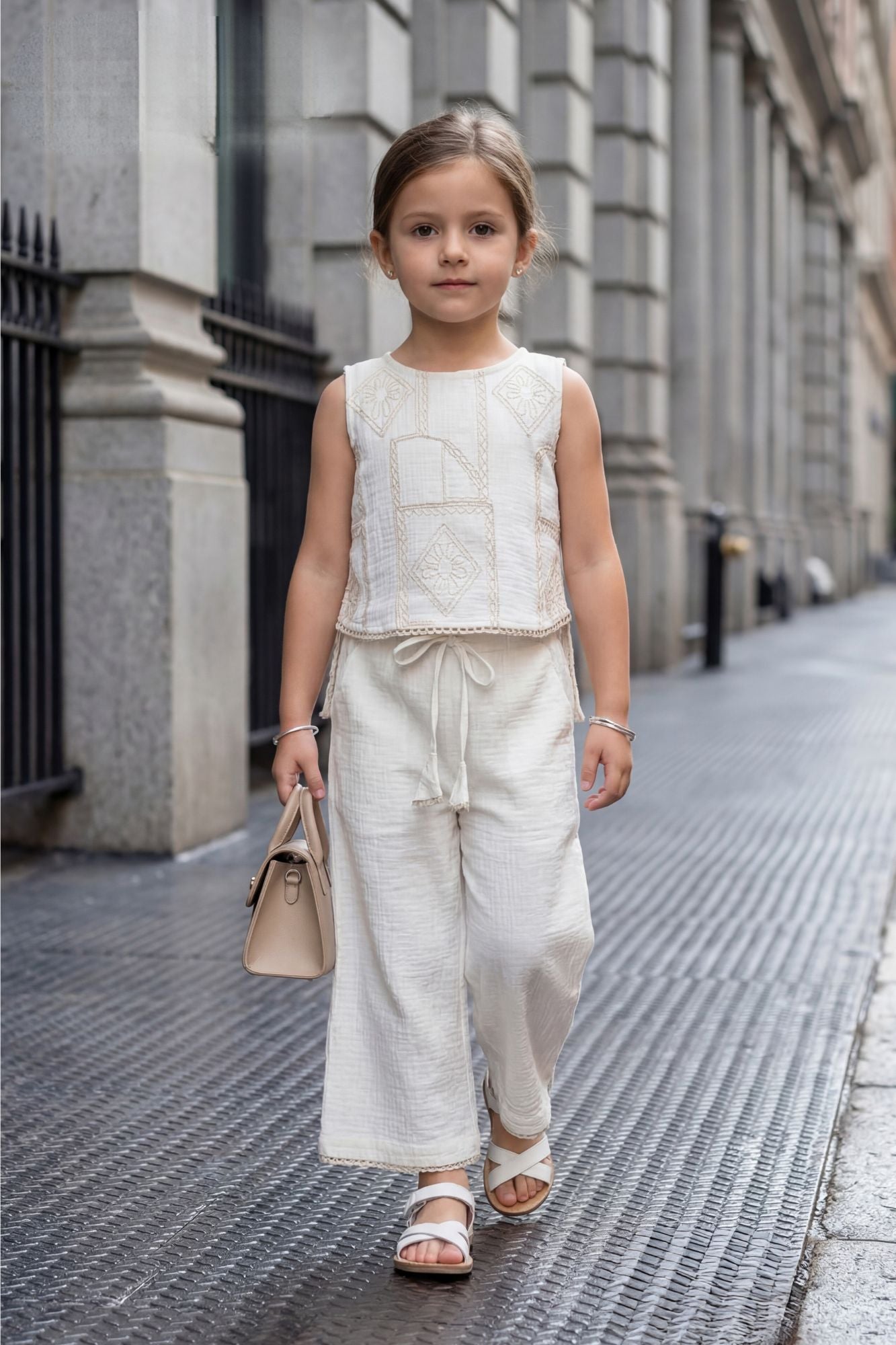 Girls Off-White Embroidered Top with Wide-Leg Pants Set