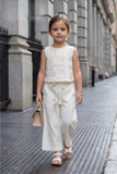 Girls Off-White Embroidered Top with Wide-Leg Pants Set