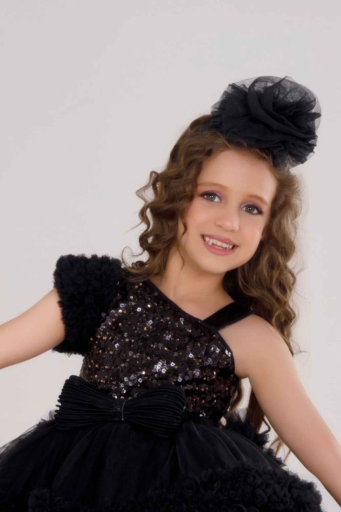 Black Ruffle Party Frock With Sequin Bows And High-Low Hem For Girls