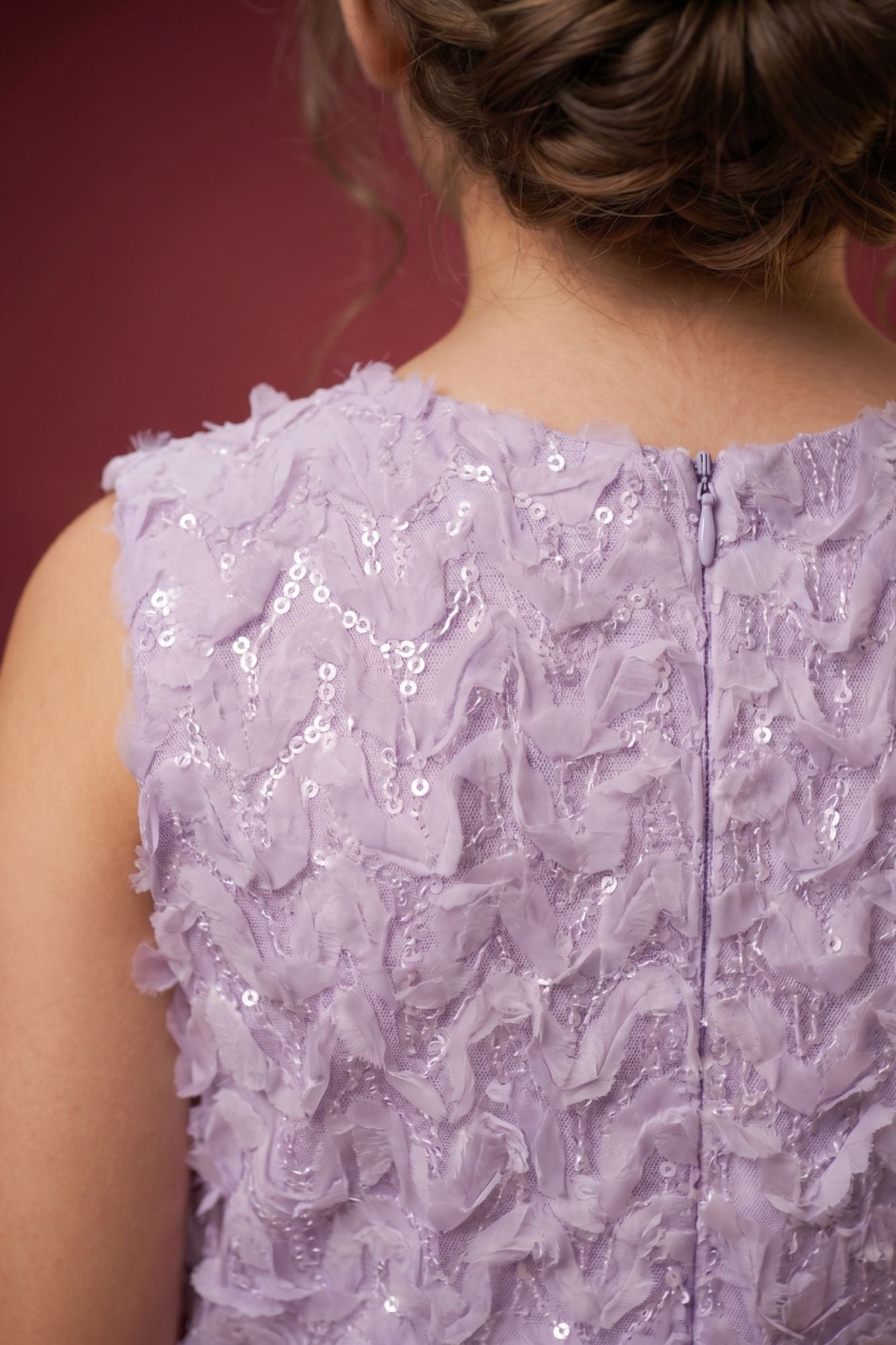 Girls Lavender Sequins Embellished Mermaid Gown with Textured Lace Detailing