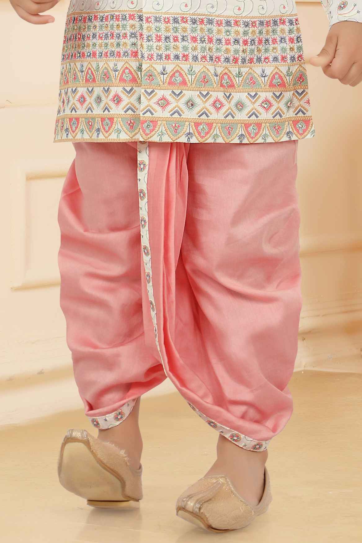 Multicolor Printed And Embroidery Full Sleeves Kurta With Pink Dhoti Set For Boys