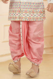 Multicolor Printed And Embroidery Full Sleeves Kurta With Pink Dhoti Set For Boys