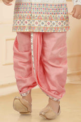 Multicolor Printed And Embroidery Full Sleeves Kurta With Pink Dhoti Set For Boys