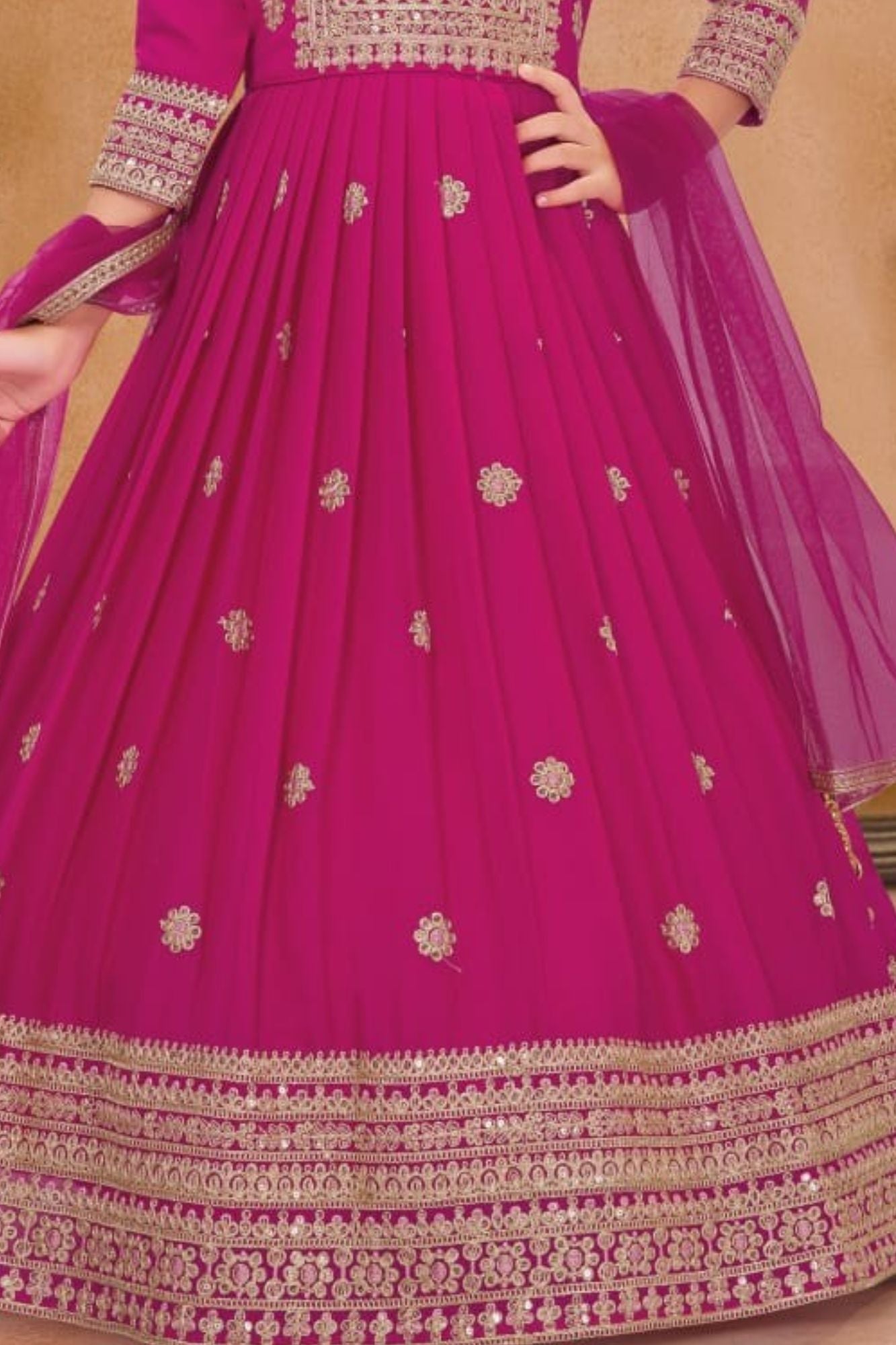 Rani Pink Embroidered Anarkali Ethnic Gown with Dupatta For Girls