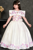 White Floral Embroidered Party Gown For Girls