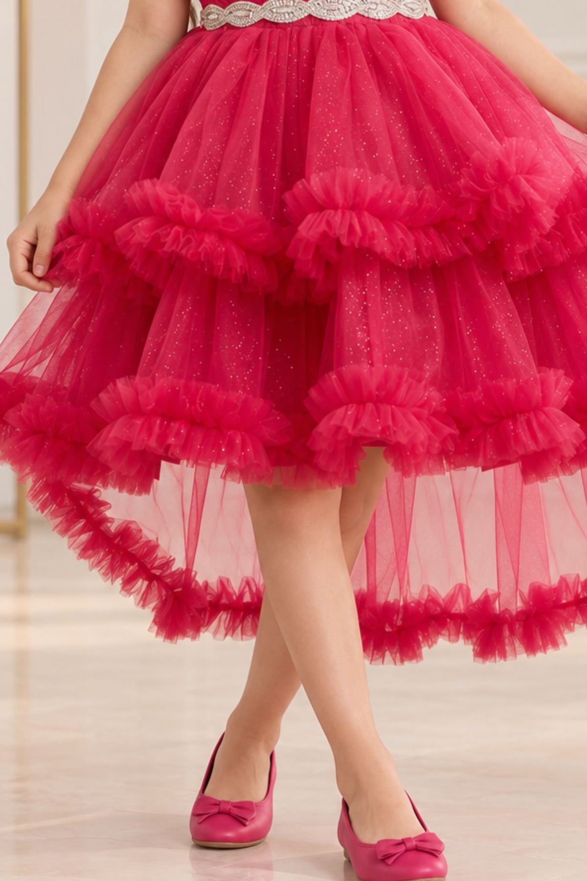 Rani Pink Layered Ruffle High-Low Party Wear Frock For Girls