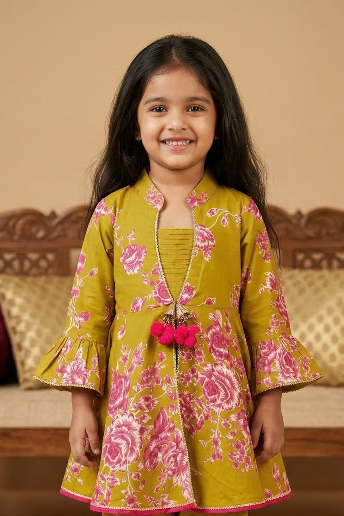 Girls Mustard Floral Printed Kurti with Dhoti Pants Set