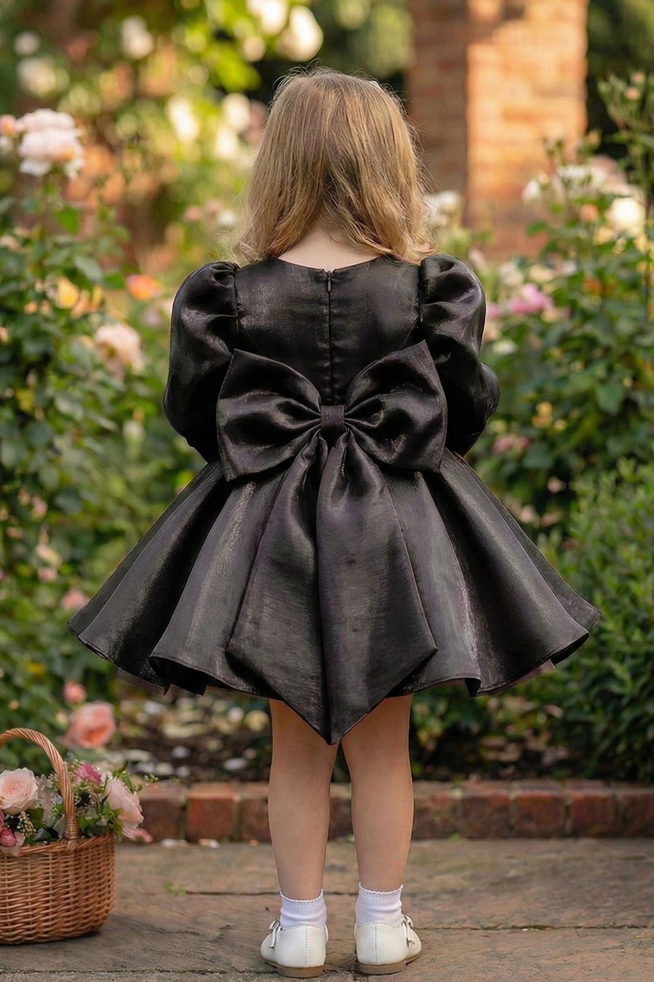 Black Party Wear Frock with Puffy Sleeves & Statement Rose Appliqué For Girls