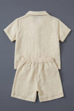 Boys Beige Shorts Set with Tropical Embroidered Shirt And Printed Tee