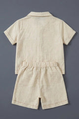 Boys Beige Shorts Set with Tropical Embroidered Shirt And Printed Tee