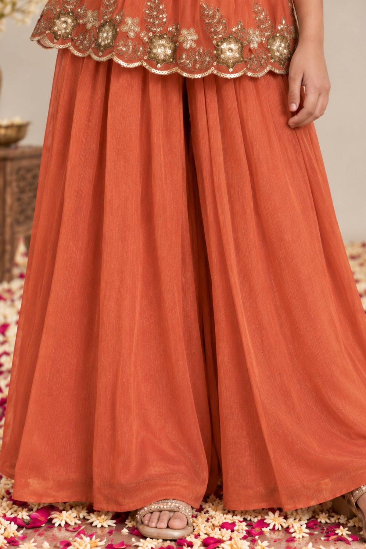 Girls Rust Orange Floral Sequin Embellished Palazzo Set With Dupatta