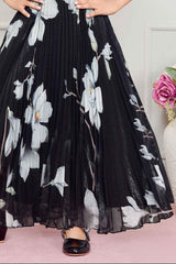 Black Printed Gown With Sequin And Floral Waist Band For Girls