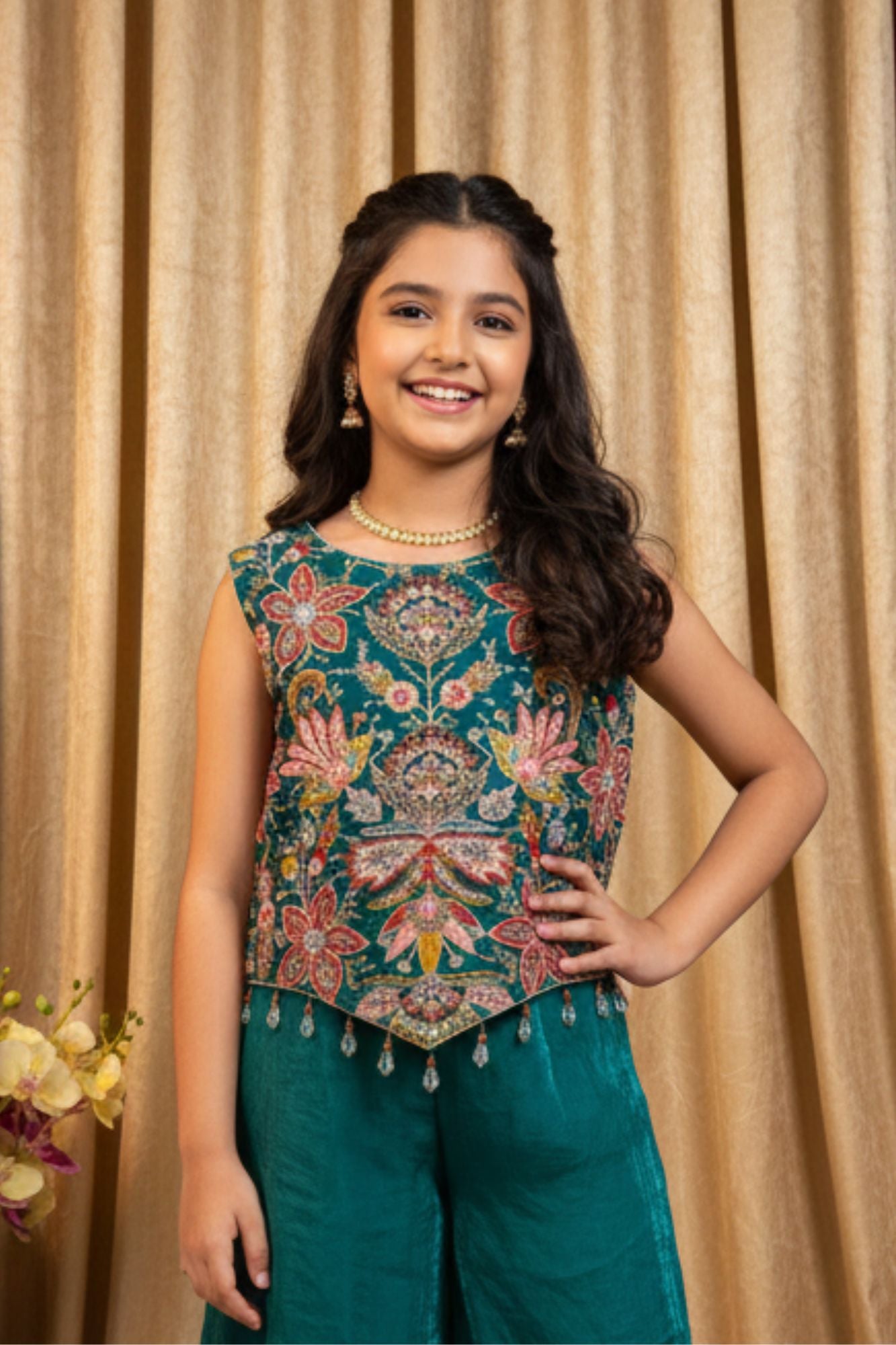 Teal Green Embroidered Palazzo Set For Girls
