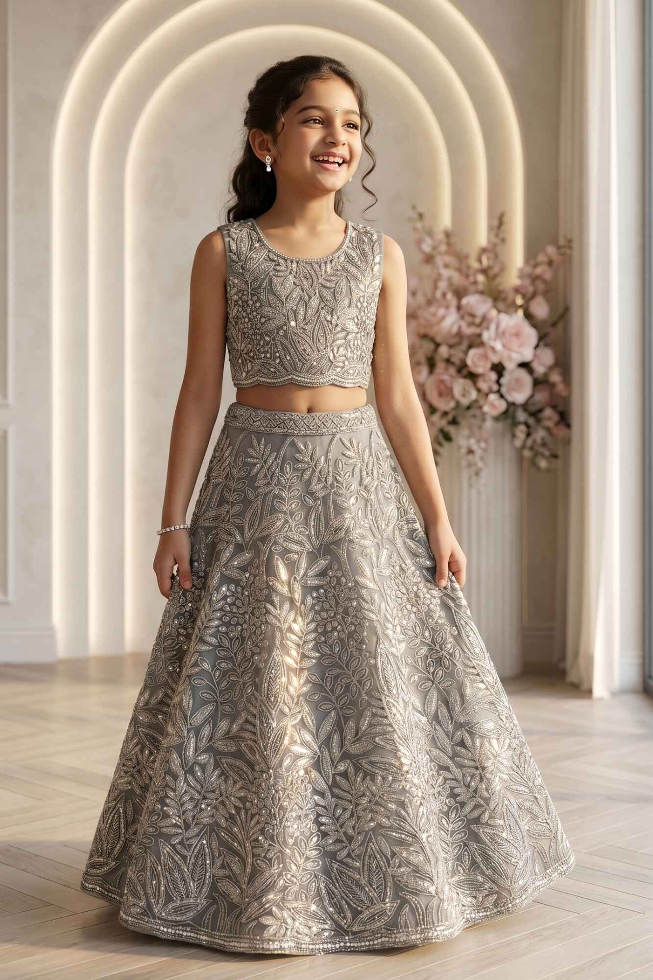 Elegant Grey Embellished Lehenga Choli Set for Girls
