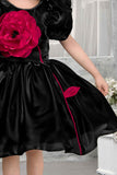 Black Satin Puff Sleeve Dress With 3D Red Flower For Girls