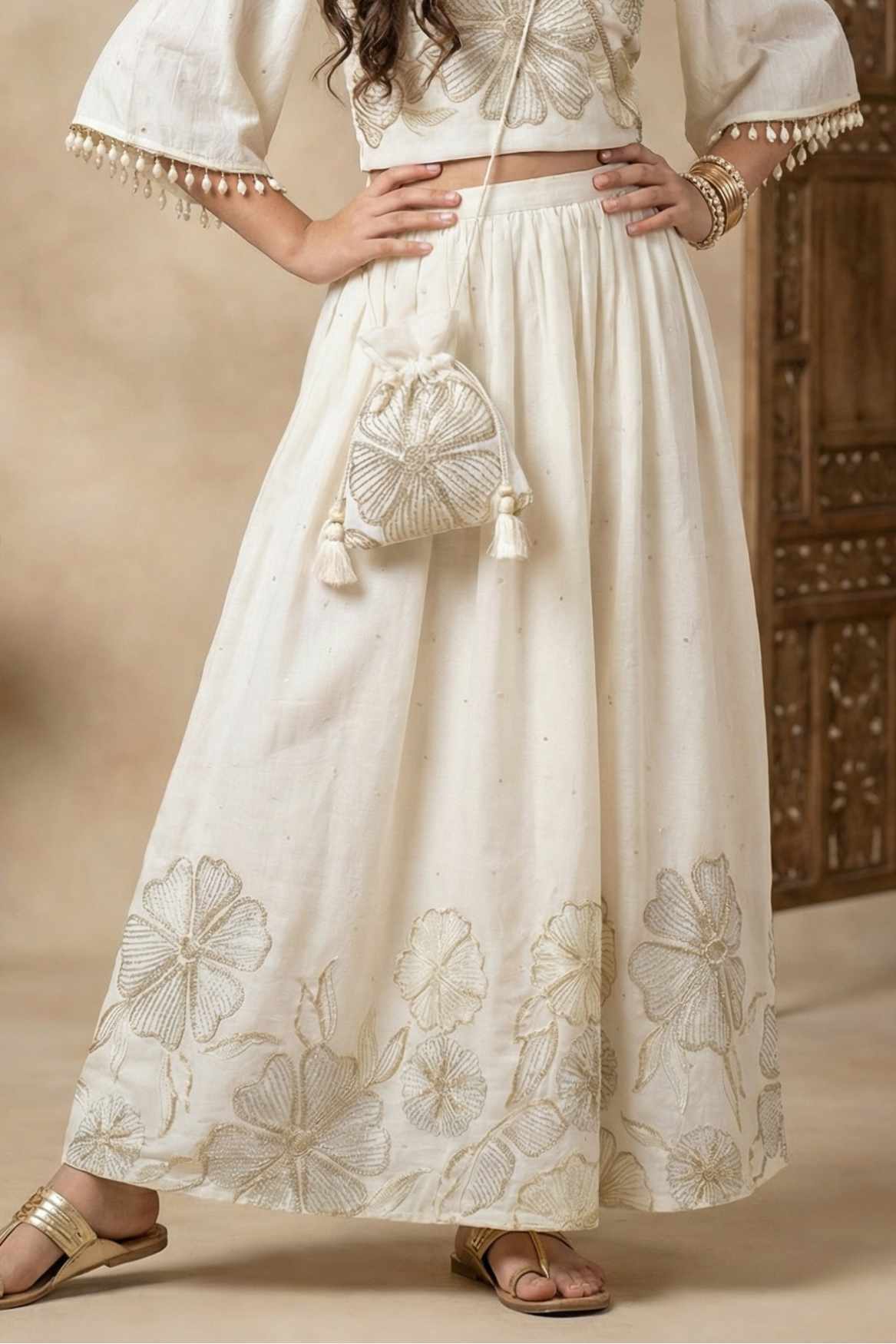 Designer Cream Embroidered Palazzo Set with Potli Bag for Girls