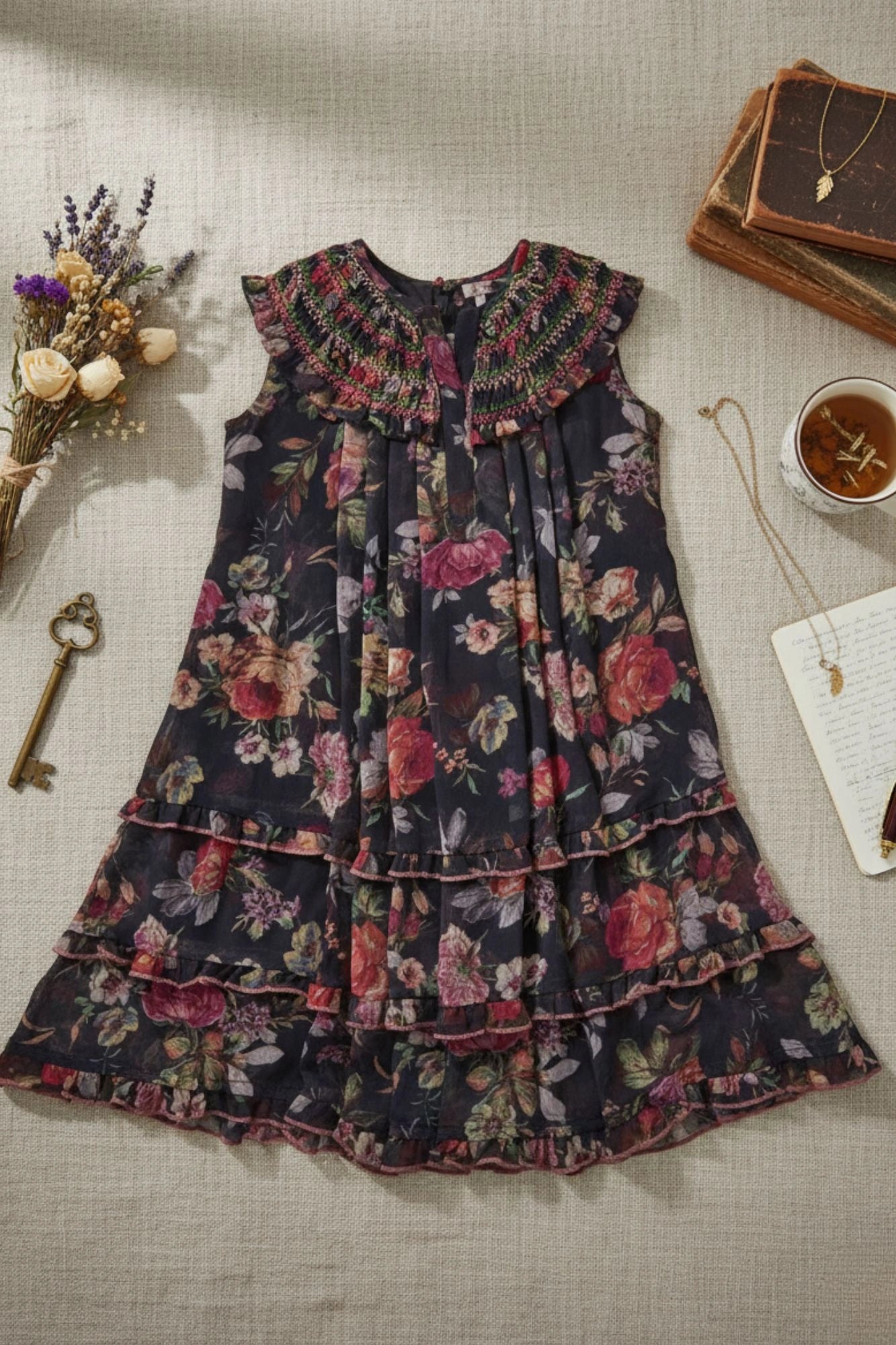 Black Floral Tiered Frock with Smocked Collar Dress For Girls