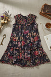 Black Floral Tiered Frock with Smocked Collar Dress For Girls