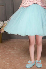 Designer Peach And Blue Frock With Bow Embellishment For Girls