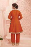 Orange Angrakha Kurti And Straight Pant Set For Girls