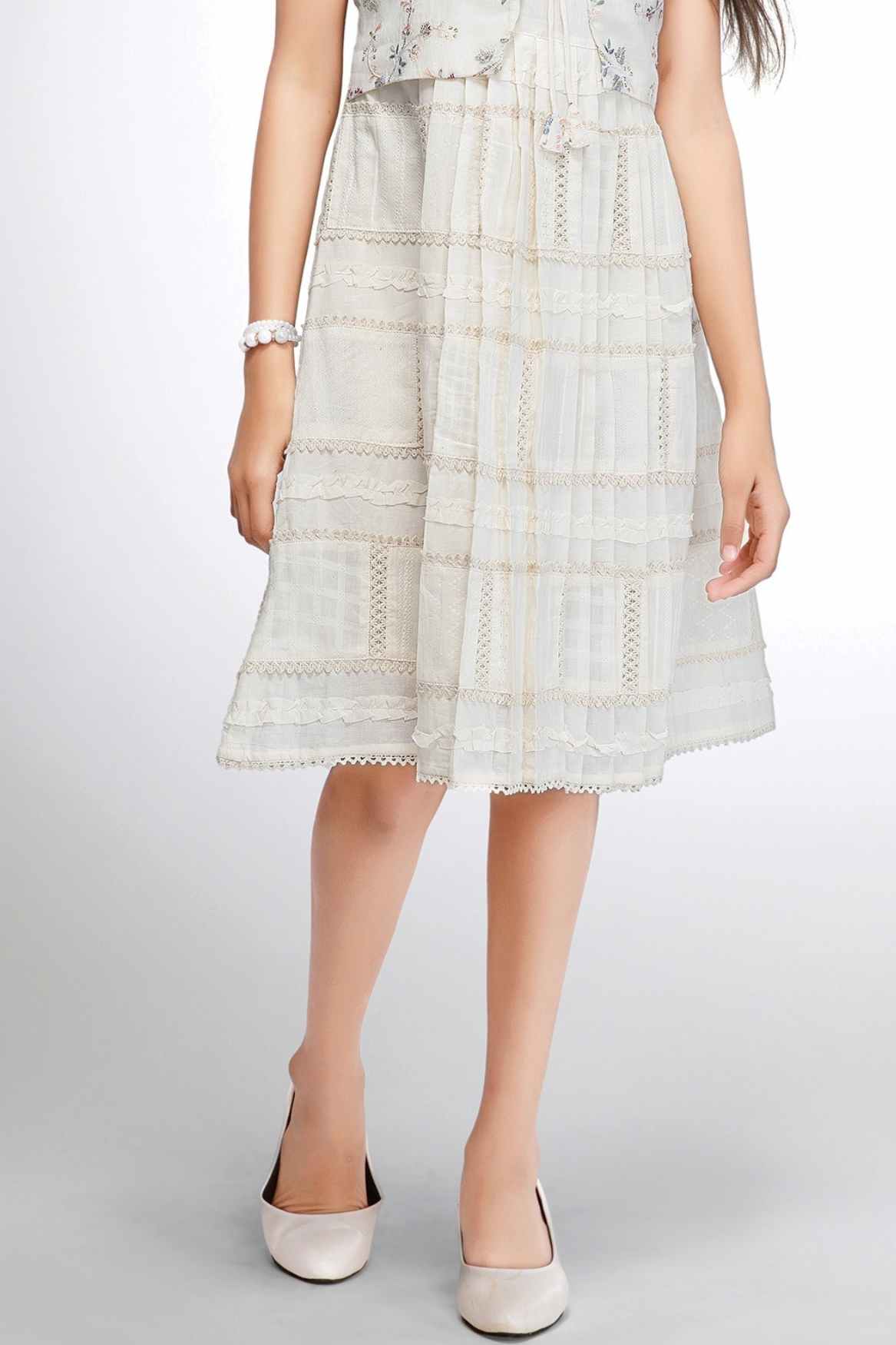Cream Floral Embroidery Dress With Attached Overcoat For Girls