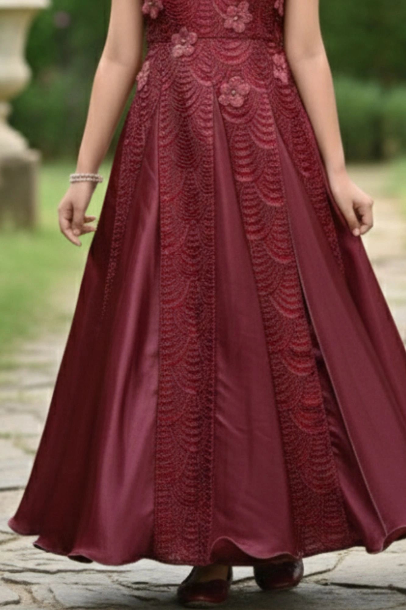 Designer Maroon Embroidered Royal Party Gown For Girls