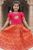 Pink And Orange Embroidered Pattu Pavadai with Elephant Motif For Girls