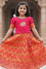 Pink And Orange Embroidered Pattu Pavadai with Elephant Motif For Girls