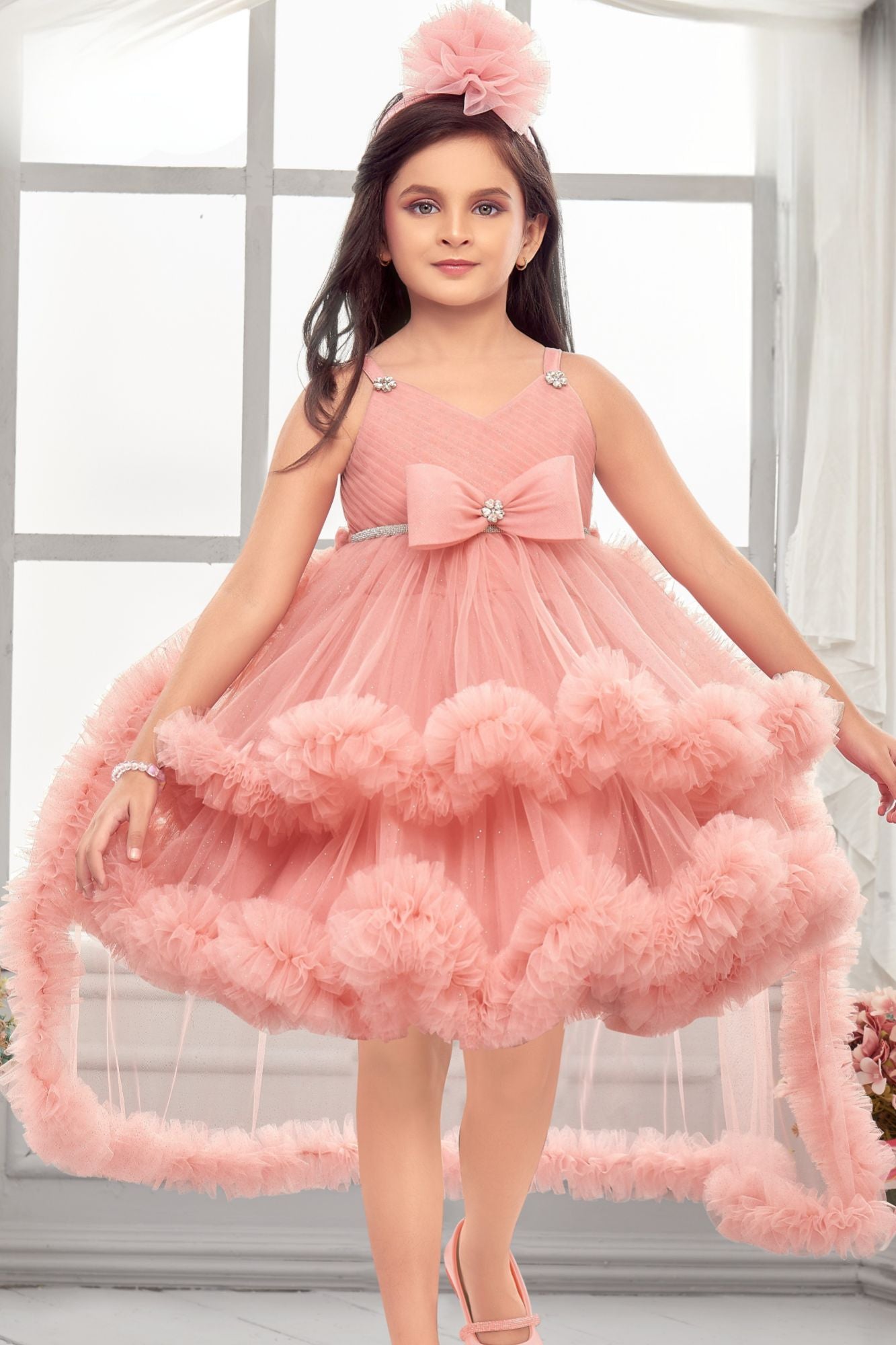 Peach High-Low Party Wear Tulle Frock with Bow Detail For Girls
