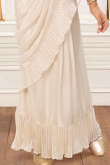 Elegant Off White Ruffled And Sequined Saree For Girls