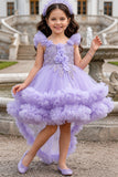 Girls Lavender Ruffle Tailback Party Dress With Pearl And 3D Floral Work Detail
